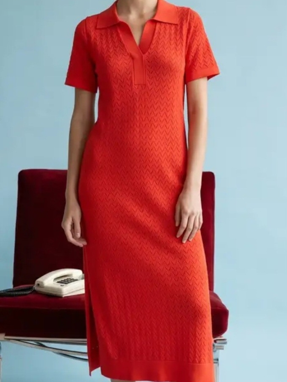 Heyson Bright Red Knit Polo Collared Midi Sweater Dress-Size Medium